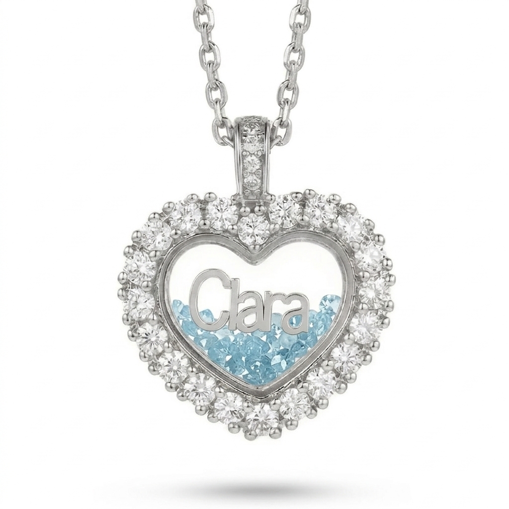 Personalized Name & Number Birthstone Heart Shaped  Dancing Diamonds S925 Silver Pendant