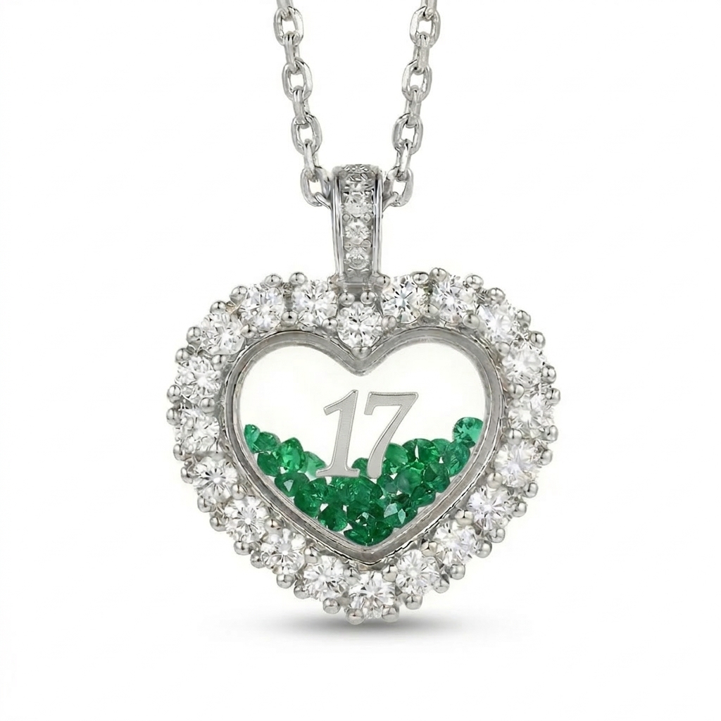 Personalized Name & Number Birthstone Heart Shaped  Dancing Diamonds S925 Silver Pendant