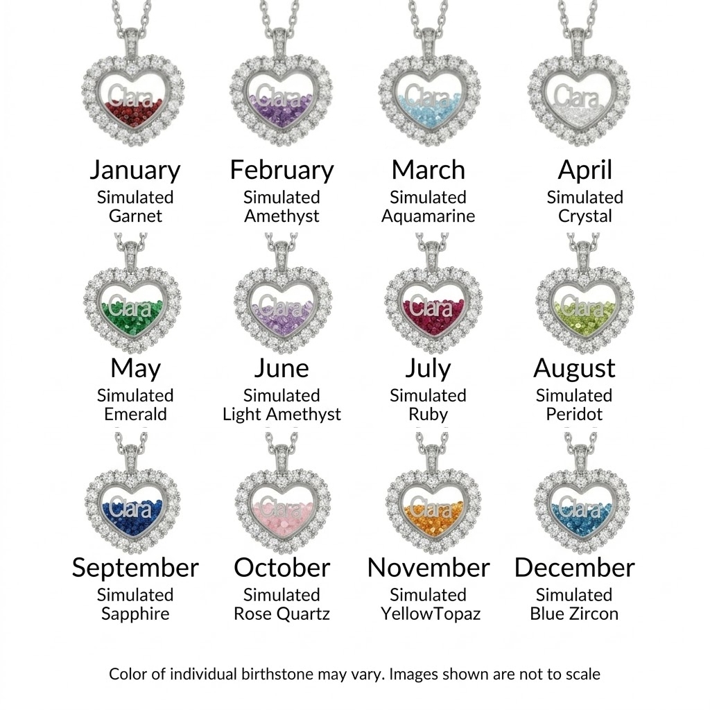 Personalized Name & Number Birthstone Heart Shaped  Dancing Diamonds S925 Silver Pendant