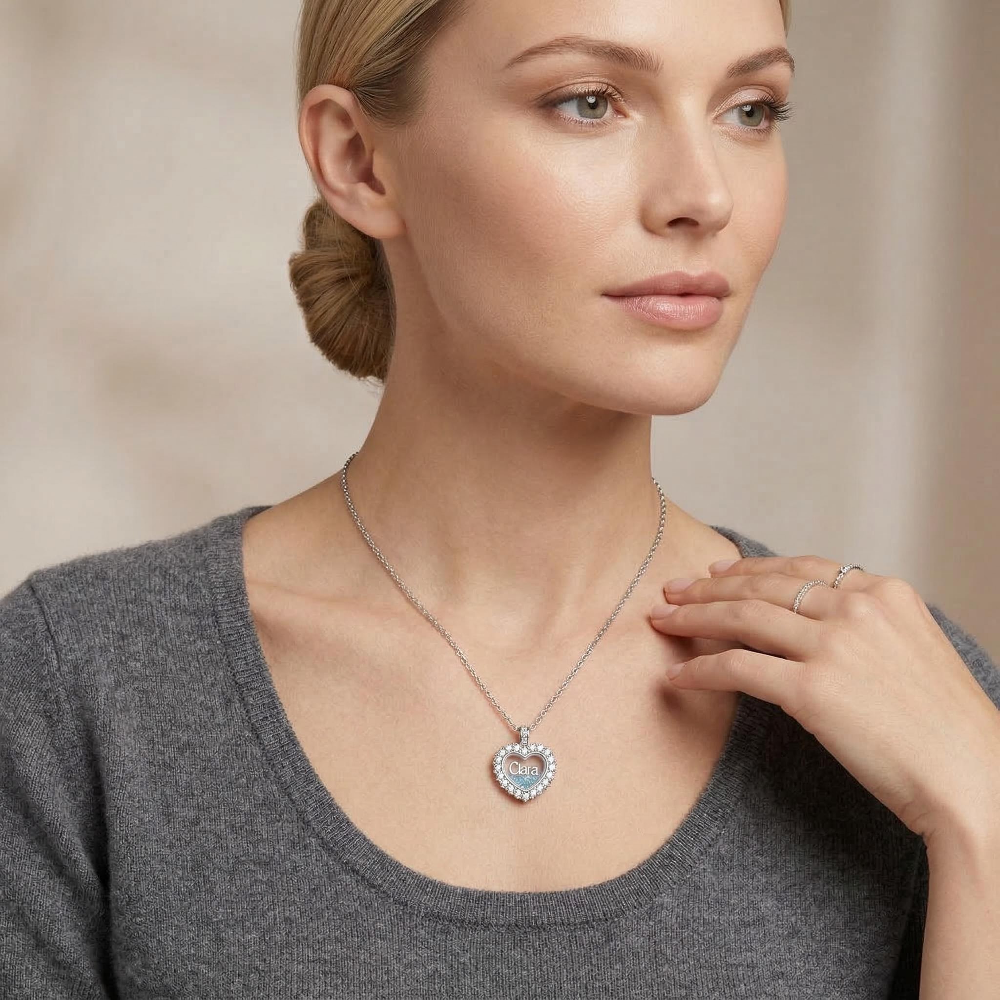 Personalized Name & Number Birthstone Heart Shaped  Dancing Diamonds S925 Silver Pendant