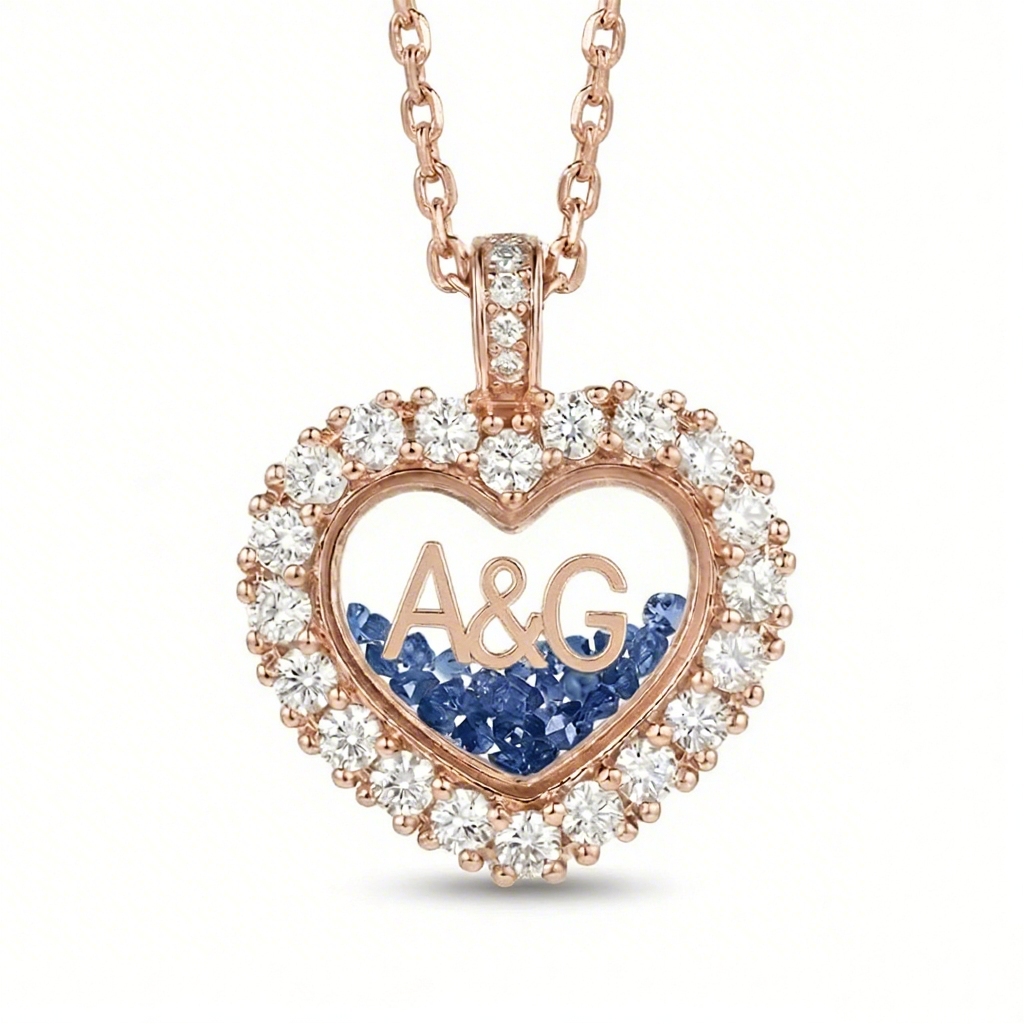 Personalized Name & Number Birthstone Heart Shaped  Dancing Diamonds S925 Silver Pendant