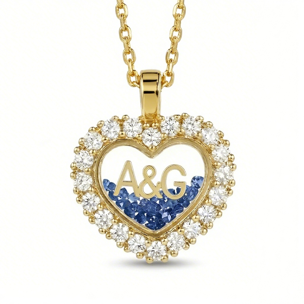 Personalized Name & Number Birthstone Heart Shaped  Dancing Diamonds S925 Silver Pendant