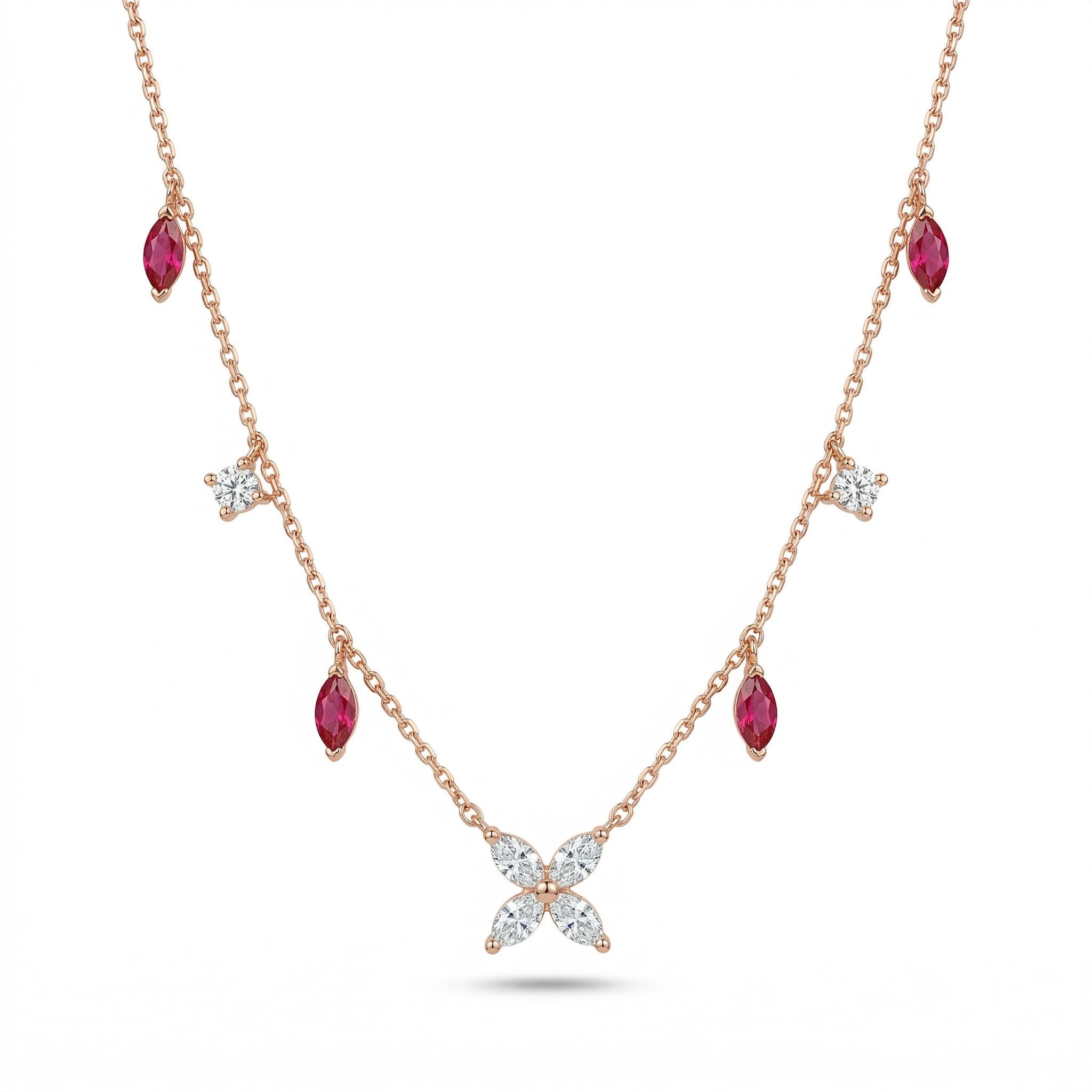 Four-leaf Clover with Rose Red Marquise Cut Charm S925 Silver Necklace