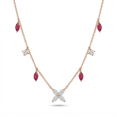 Four-leaf Clover with Rose Red Marquise Cut Charm S925 Silver Necklace