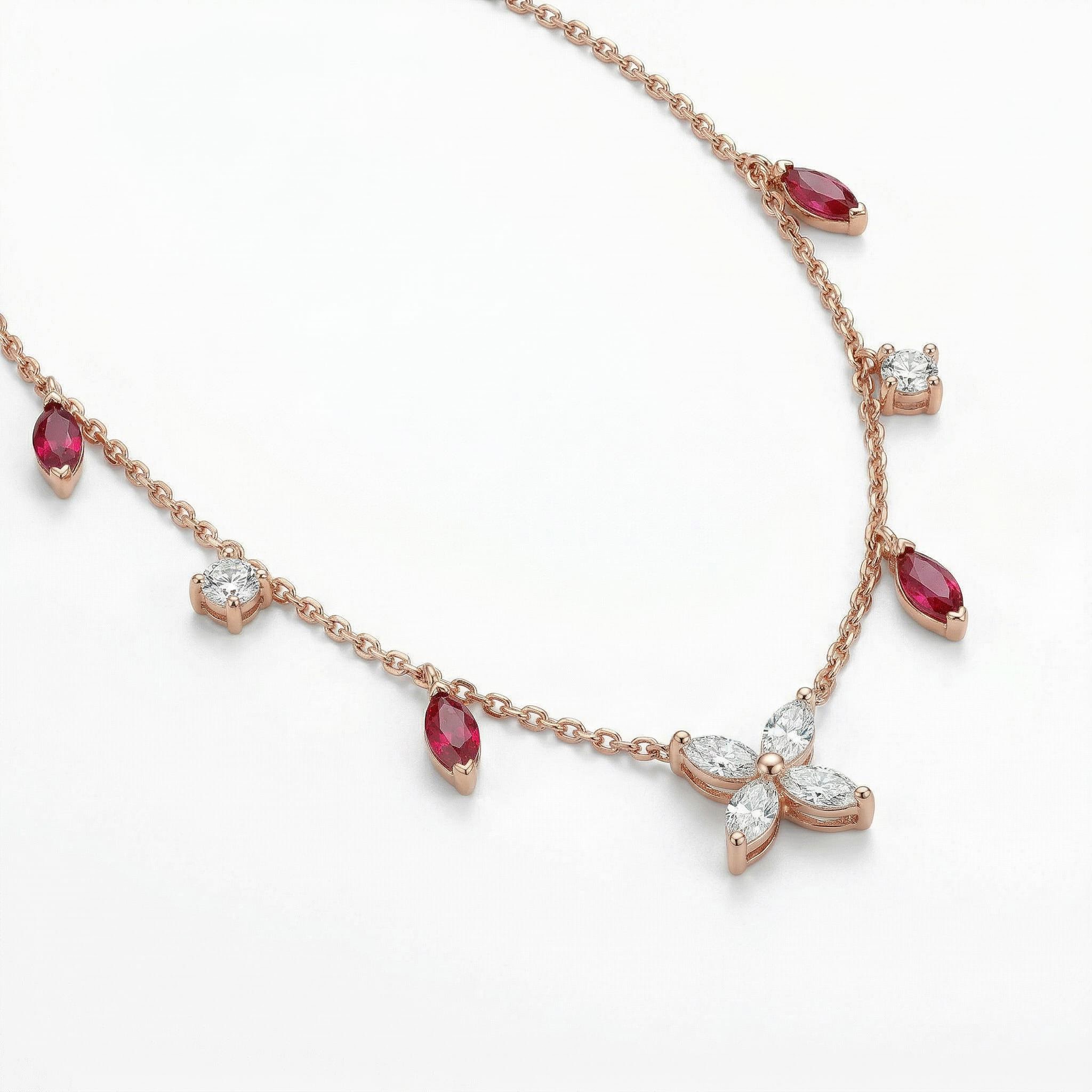 Four-leaf Clover with Rose Red Marquise Cut Charm S925 Silver Necklace