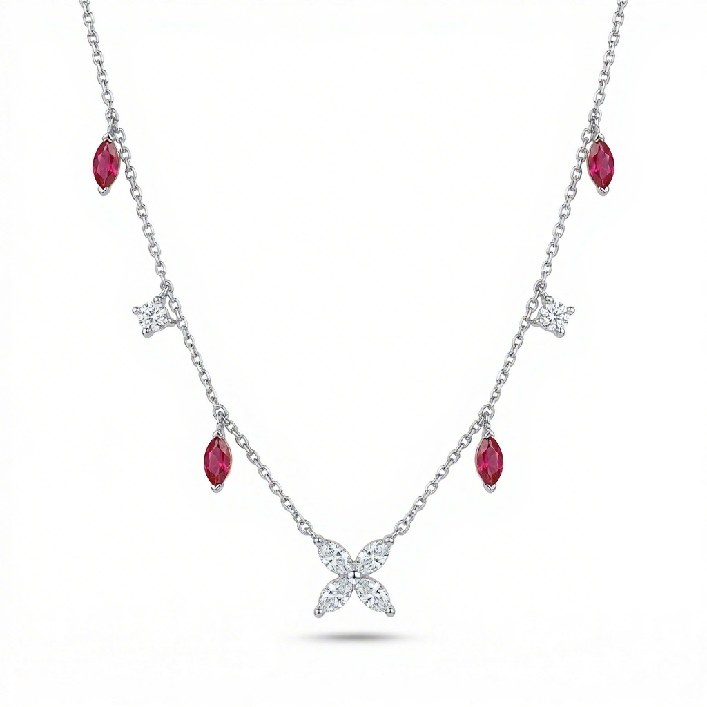 Four-leaf Clover with Rose Red Marquise Cut Charm S925 Silver Necklace
