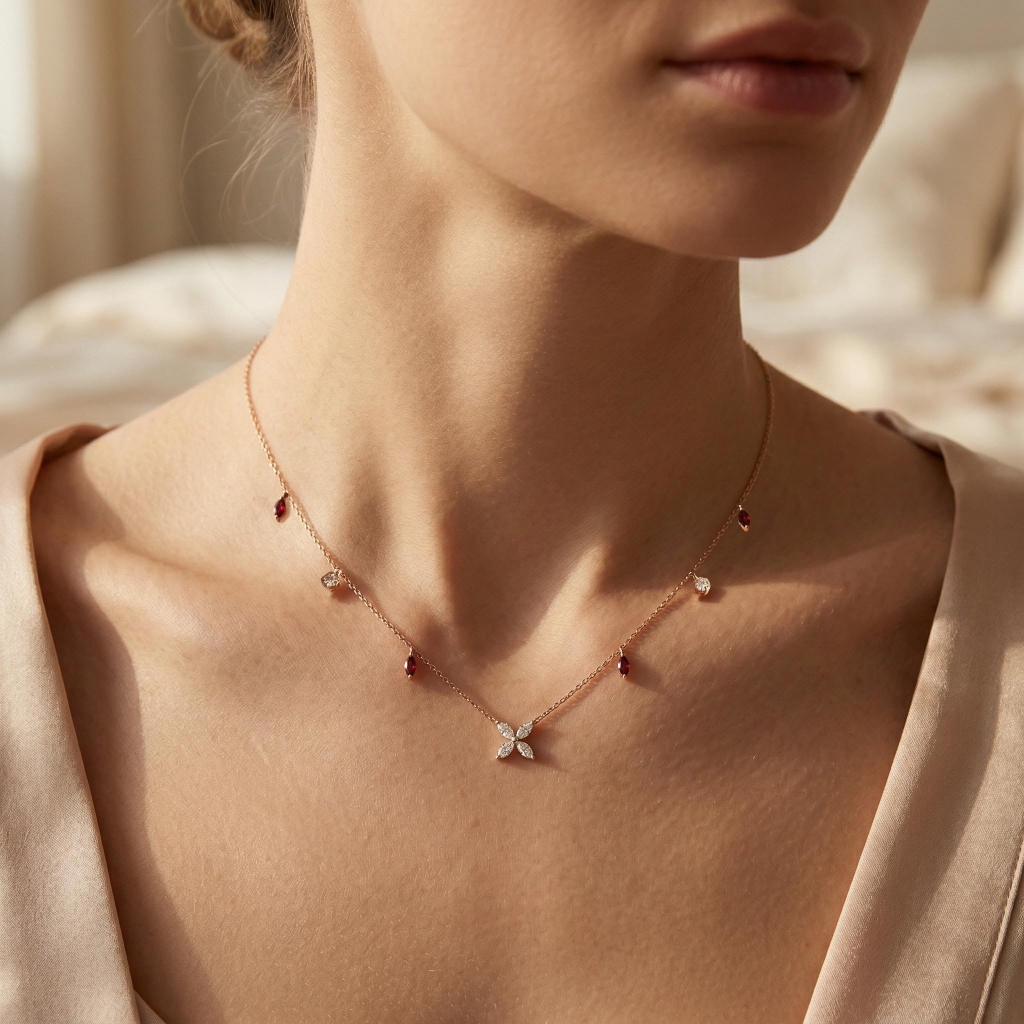 Four-leaf Clover with Rose Red Marquise Cut Charm S925 Silver Necklace