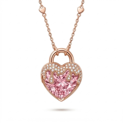 5.3 ct.tw Pink Heart Shaped Lock  S925 Silver Pendant Necklace