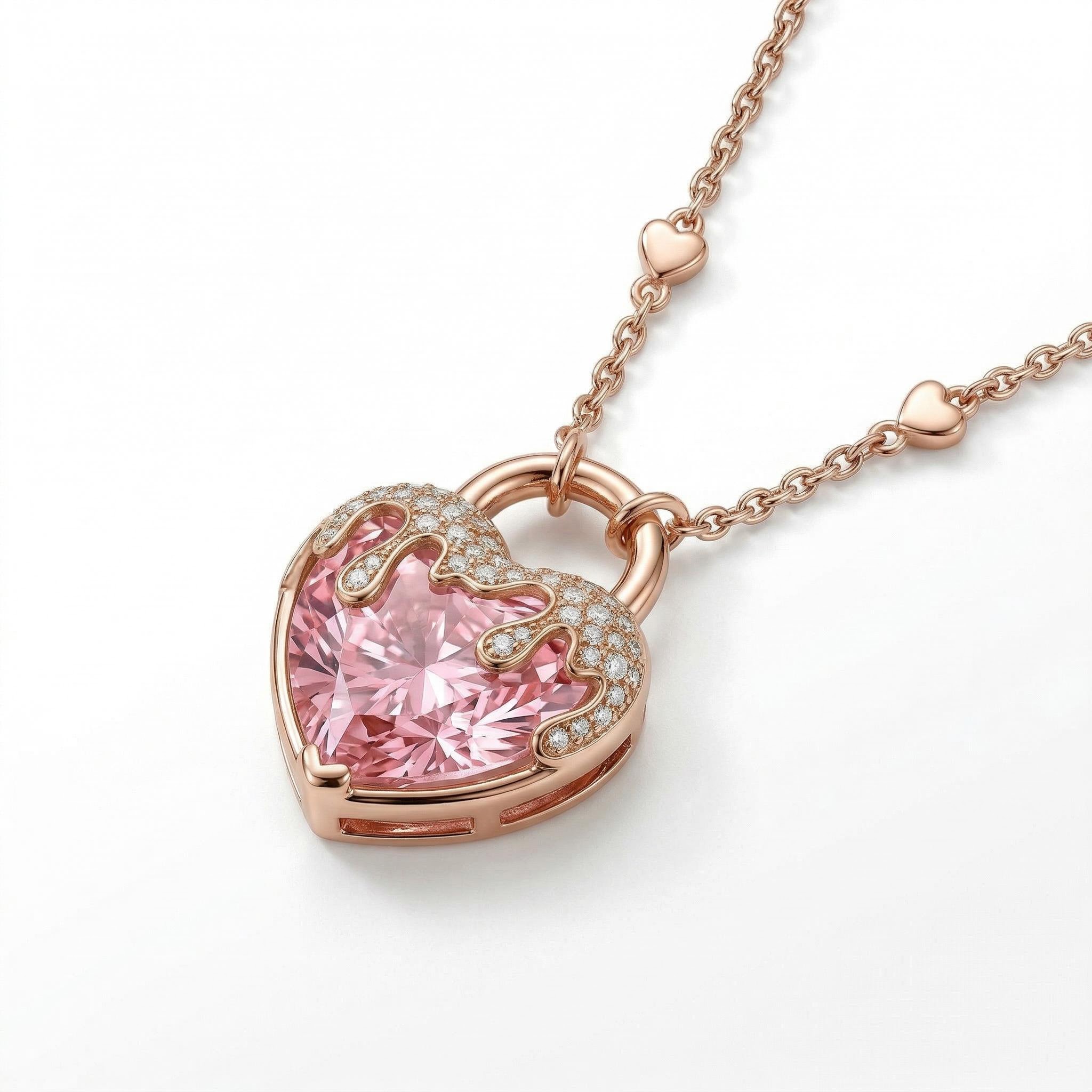 6.72ct.tw. Pink Heart Shaped Lock S925 Silver Pendant Necklace 6.72ct.tw. Pink Heart Shaped Lock S925 Silver Pendant Necklace