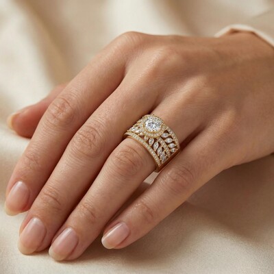 7.85ct. tw. Halo & Paved Band Round&Marquise Cut VVS Moissanite S925 Silver Engagement Ring