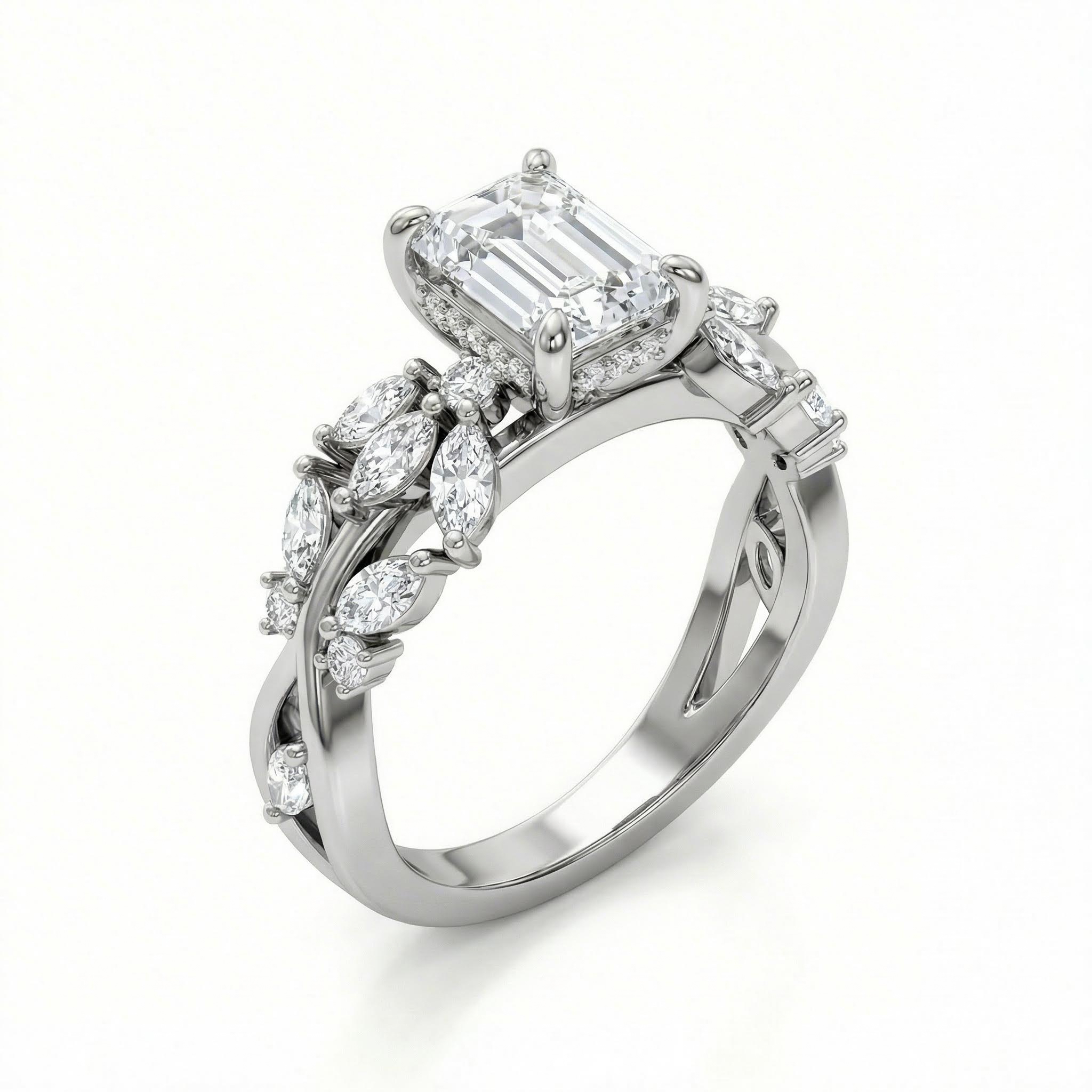 3.0Ct  CTW Vine-Inspired Twisted Emerald Cut VVS Moissanite Engagement Ring