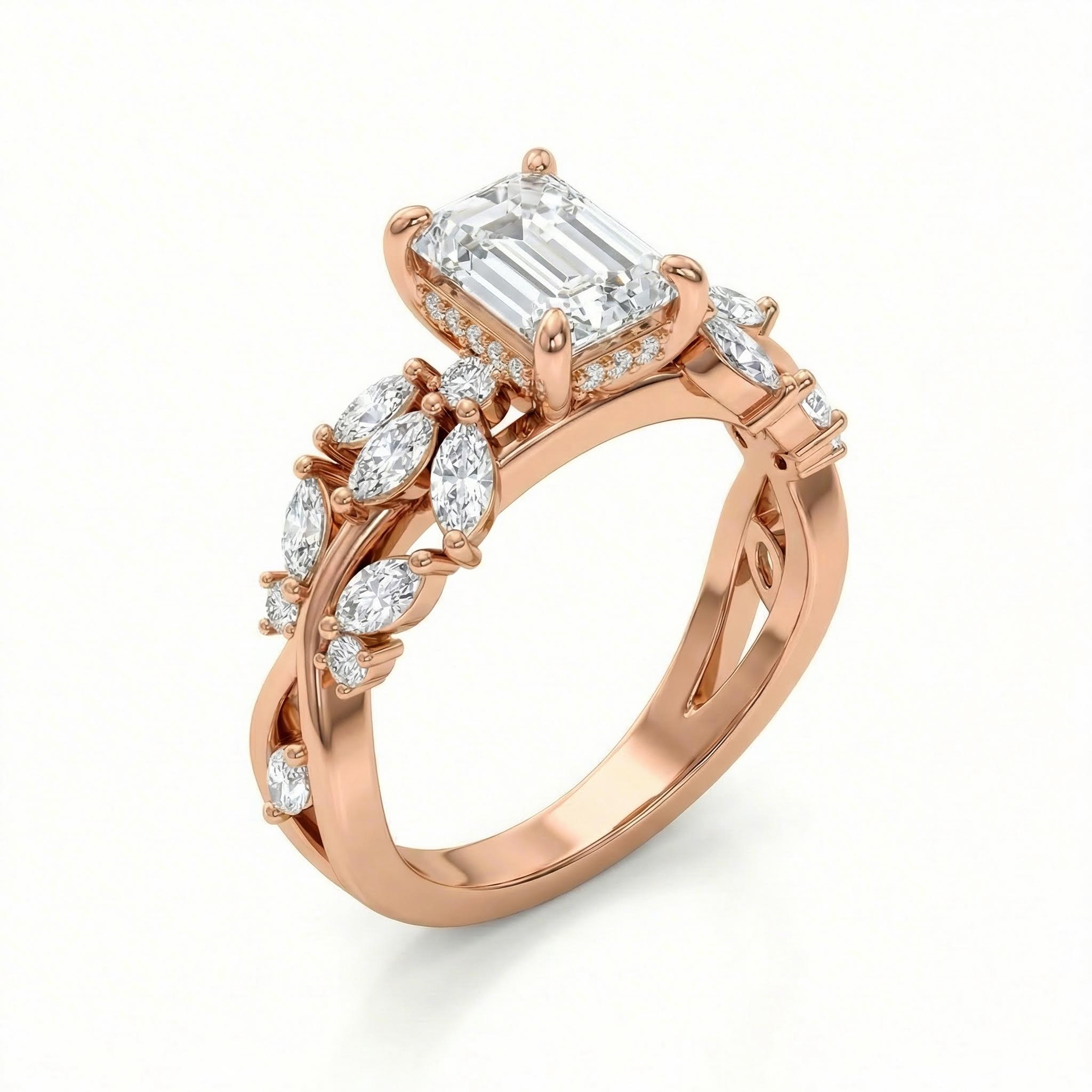 3.0Ct  CTW Vine-Inspired Twisted Emerald Cut VVS Moissanite Engagement Ring