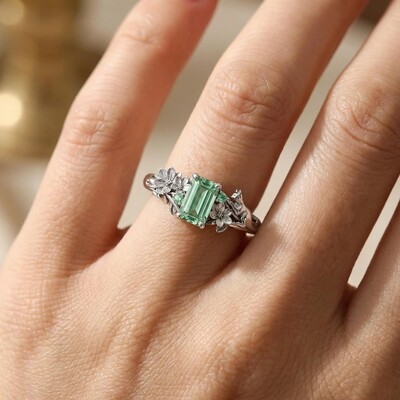 2.08ct. tw. Hydrangea & Cat Motif Green Emerald Cut S925 Silver Engagement Ring
