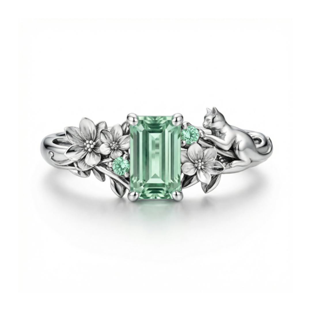 2.08Ct CTW Hydrangea & Cat Motif Green Emerald Cut S925 Silver Engagement Ring