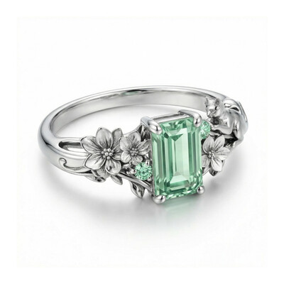 2.08Ct CTW Hydrangea & Cat Motif Green Emerald Cut S925 Silver Engagement Ring