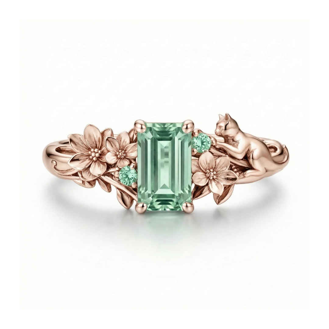 2.08Ct CTW Hydrangea & Cat Motif Green Emerald Cut S925 Silver Engagement Ring