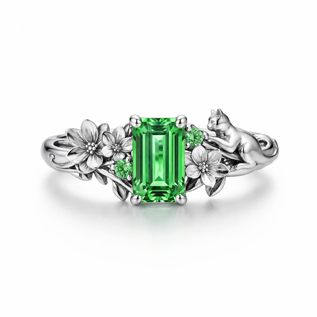 2.08ct. tw. Hydrangea & Cat Motif Green Emerald Cut S925 Silver Engagement Ring
