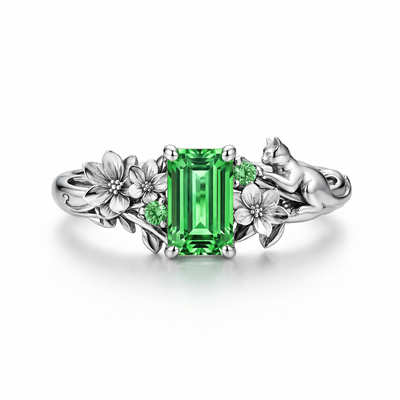 2.08ct. tw. Hydrangea & Cat Motif Green Emerald Cut S925 Silver Engagement Ring