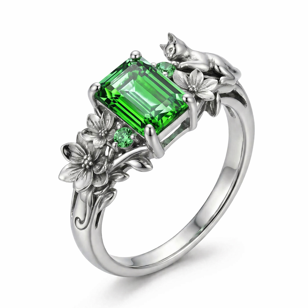 2.08ct. tw. Hydrangea & Cat Motif Green Emerald Cut S925 Silver Engagement Ring
