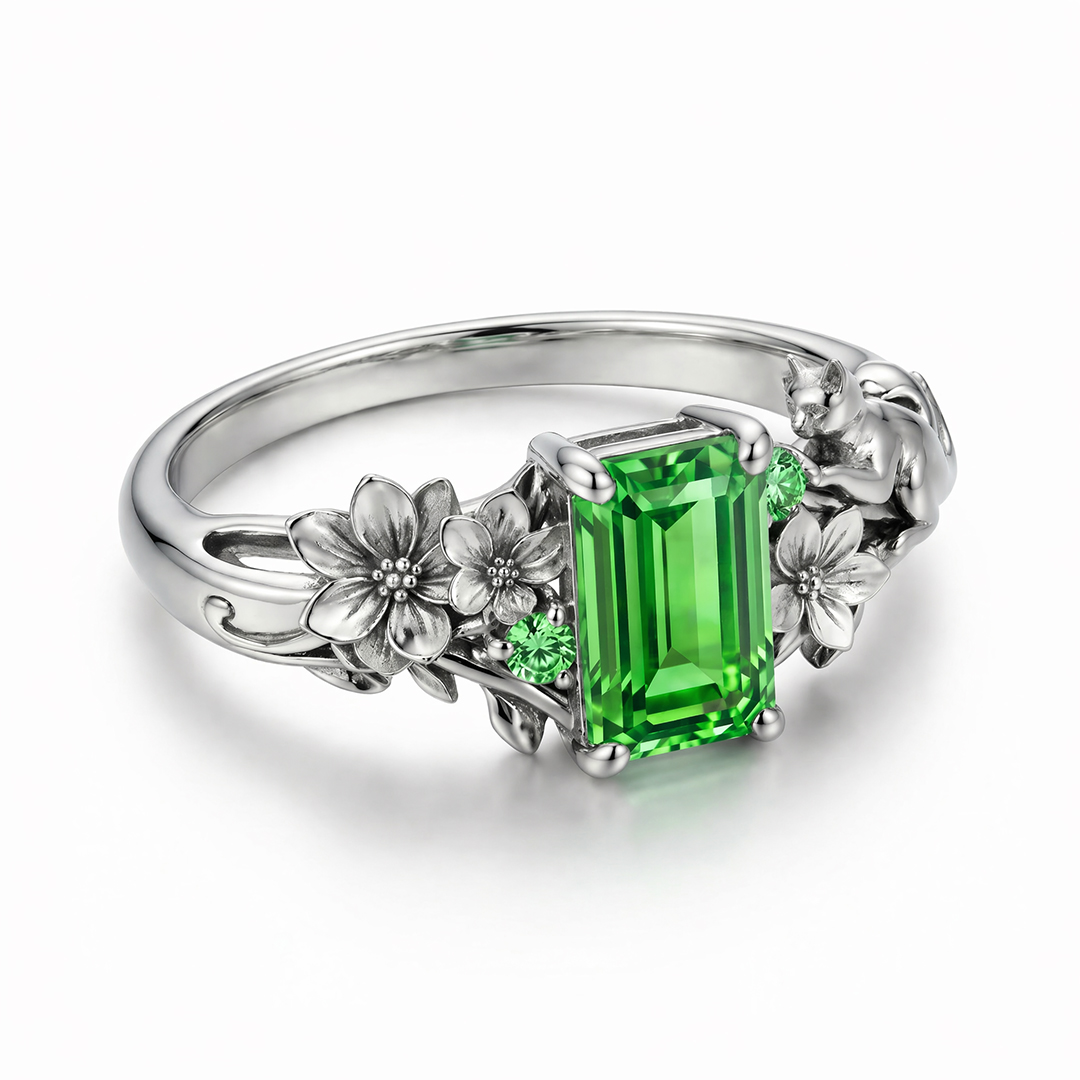 2.08ct. tw. Hydrangea & Cat Motif Green Emerald Cut S925 Silver Engagement Ring