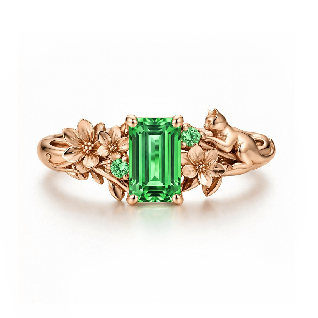 2.08ct. tw. Hydrangea & Cat Motif Green Emerald Cut S925 Silver Engagement Ring