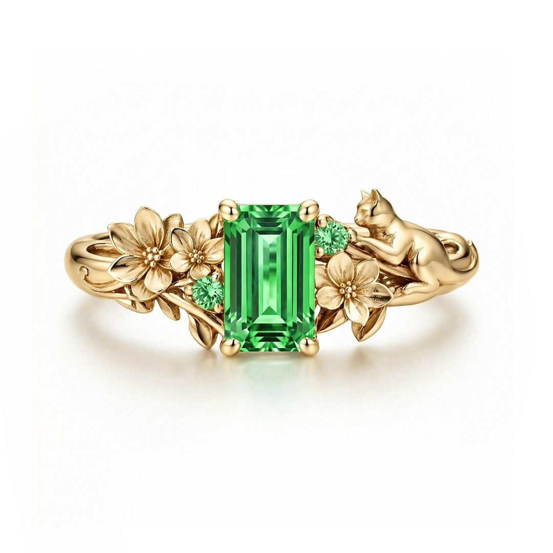 2.08ct. tw. Hydrangea & Cat Motif Green Emerald Cut S925 Silver Engagement Ring