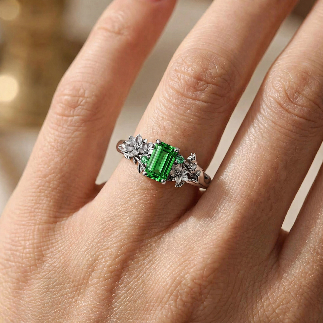 2.08ct. tw. Hydrangea & Cat Motif Green Emerald Cut S925 Silver Engagement Ring