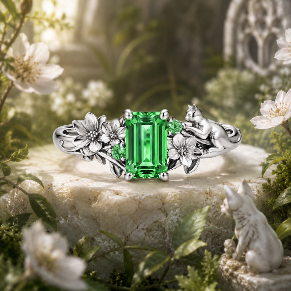 2.08ct. tw. Hydrangea & Cat Motif Green Emerald Cut S925 Silver Engagement Ring