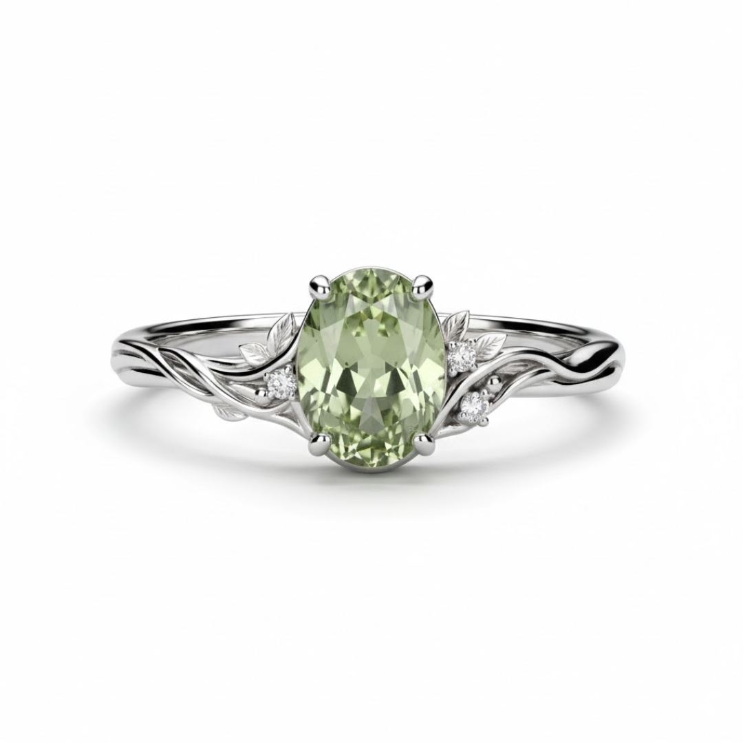 2.06Ct CTW Vine & Leaf Motif Green Oval Cut S925 Silver Engagement Ring 2.06Ct CTW Vine & Leaf Motif Green Oval Cut S925 Silver Engagement Ring