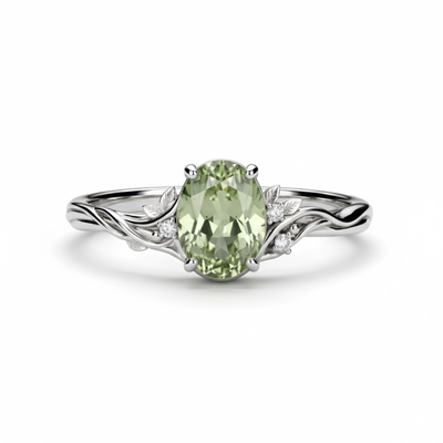 2.06Ct CTW Vine & Leaf Motif Green Oval Cut S925 Silver Engagement Ring