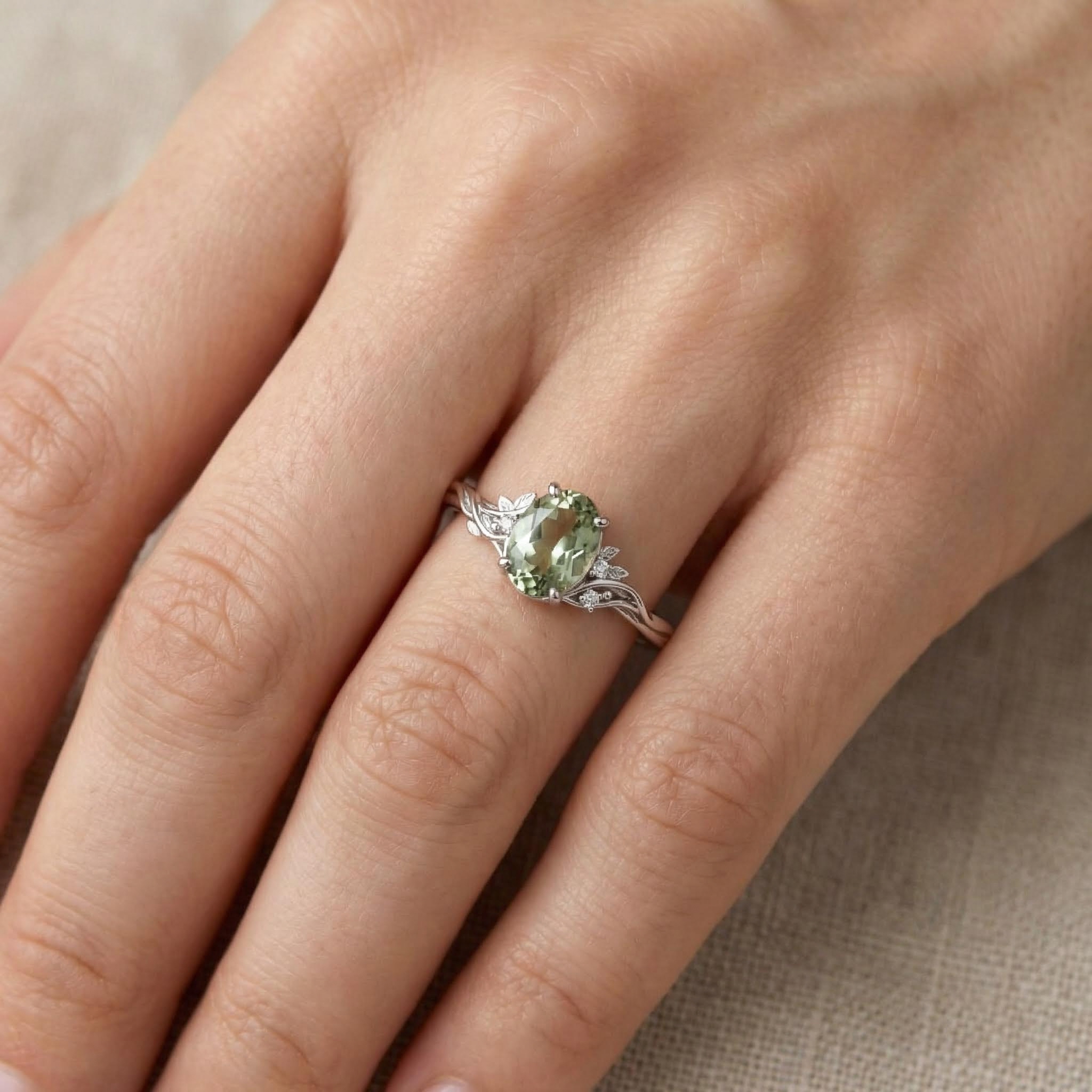 2.06Ct CTW Vine & Leaf Motif Green Oval Cut S925 Silver Engagement Ring 2.06Ct CTW Vine & Leaf Motif Green Oval Cut S925 Silver Engagement Ring