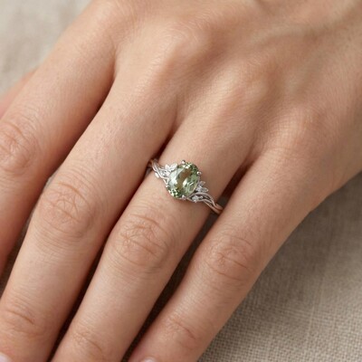 2.05ct. tw. Vine & Leaf Motif Green Oval Cut S925 Silver Engagement Ring
