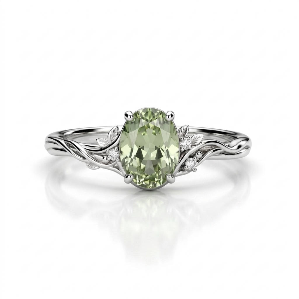 2.05ct. tw. Vine & Leaf Motif Green Oval Cut S925 Silver Engagement Ring 2.05ct. tw. Vine & Leaf Motif Green Oval Cut S925 Silver Engagement Ring
