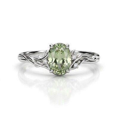 2.05ct. tw. Vine & Leaf Motif Green Oval Cut S925 Silver Engagement Ring