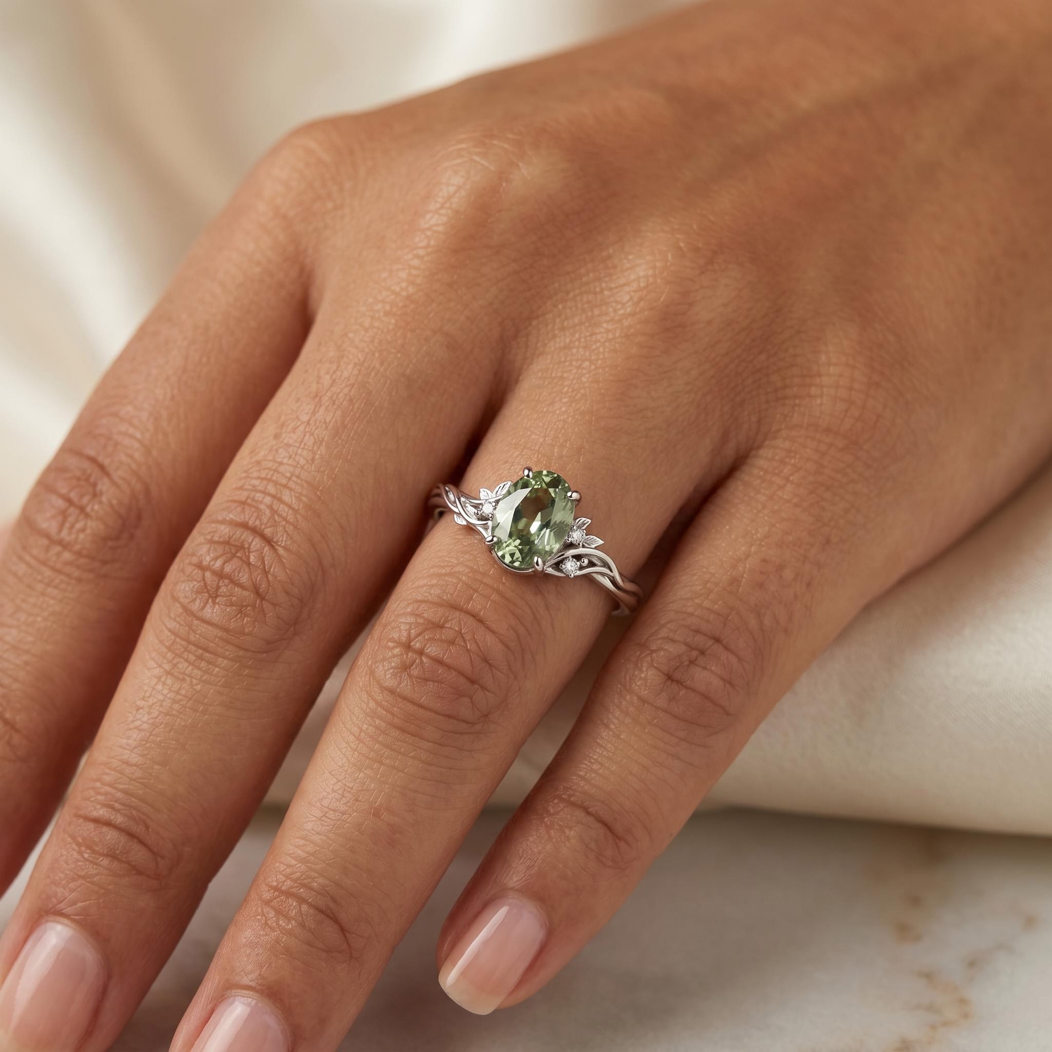 2.05ct. tw. Vine & Leaf Motif Green Oval Cut S925 Silver Engagement Ring 2.05ct. tw. Vine & Leaf Motif Green Oval Cut S925 Silver Engagement Ring