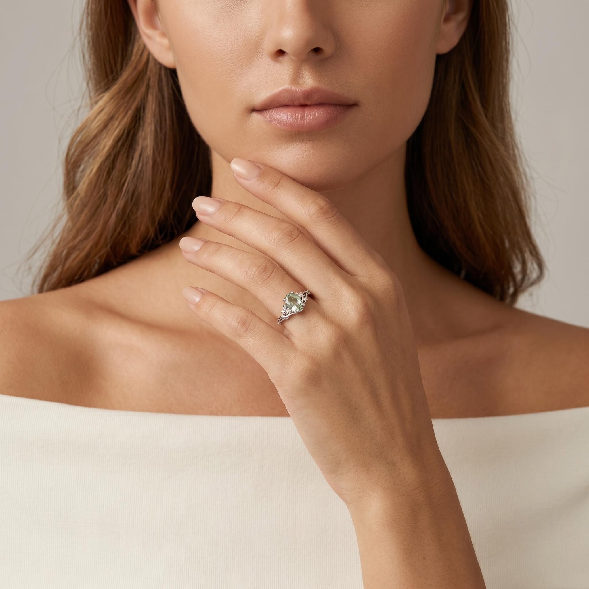 2.05ct. tw. Vine & Leaf Motif Green Oval Cut S925 Silver Engagement Ring 2.05ct. tw. Vine & Leaf Motif Green Oval Cut S925 Silver Engagement Ring