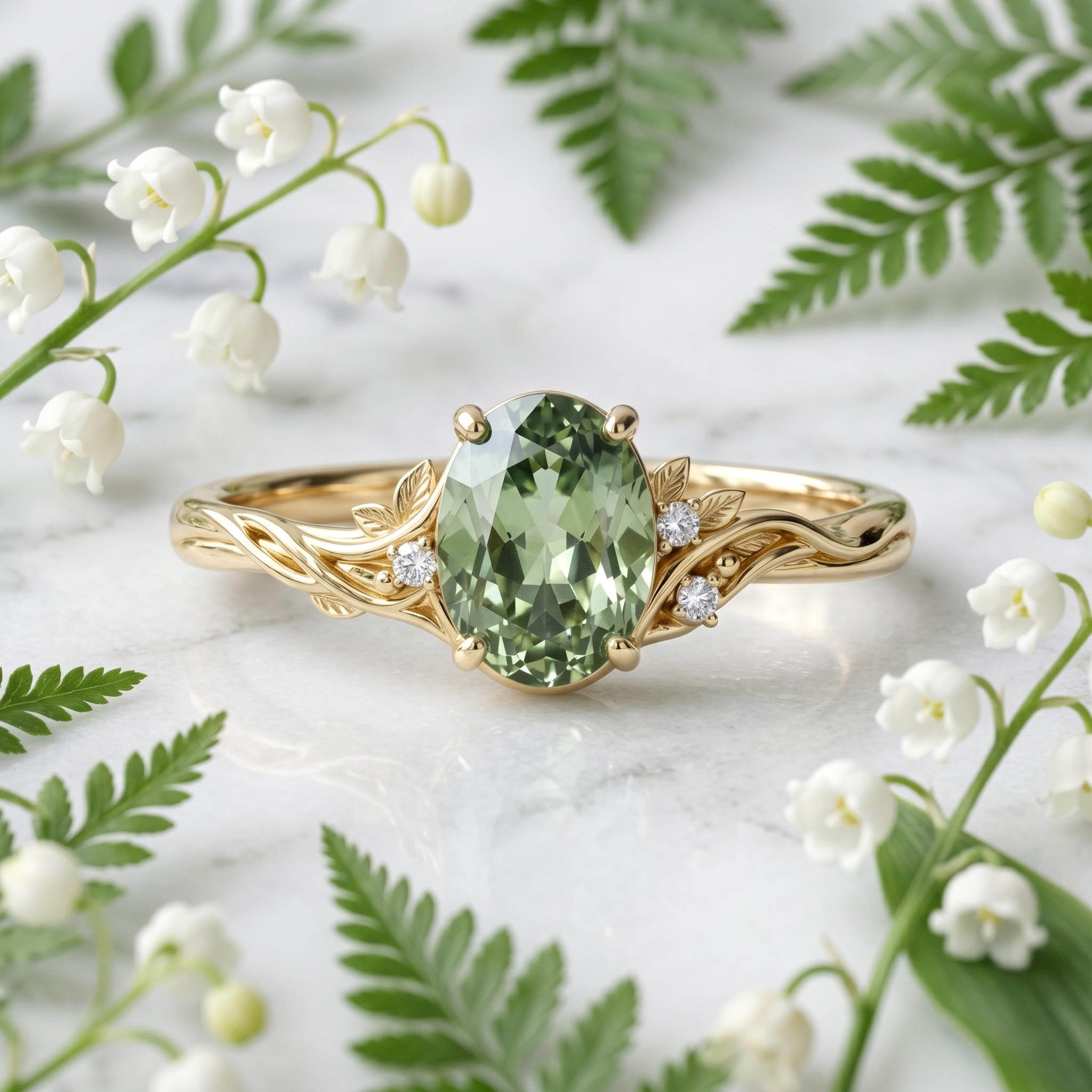 2.05ct. tw. Vine & Leaf Motif Green Oval Cut S925 Silver Engagement Ring 2.05ct. tw. Vine & Leaf Motif Green Oval Cut S925 Silver Engagement Ring
