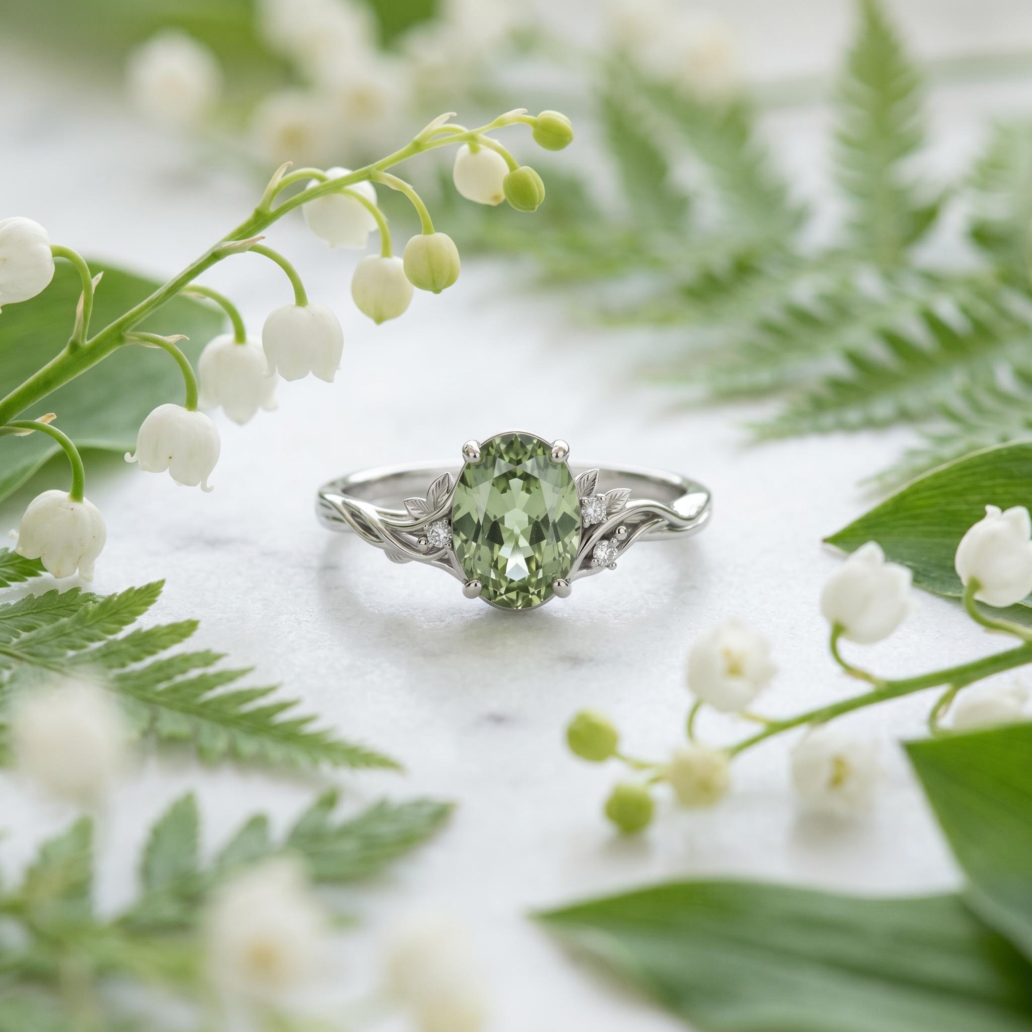 2.05ct. tw. Vine & Leaf Motif Green Oval Cut S925 Silver Engagement Ring 2.05ct. tw. Vine & Leaf Motif Green Oval Cut S925 Silver Engagement Ring