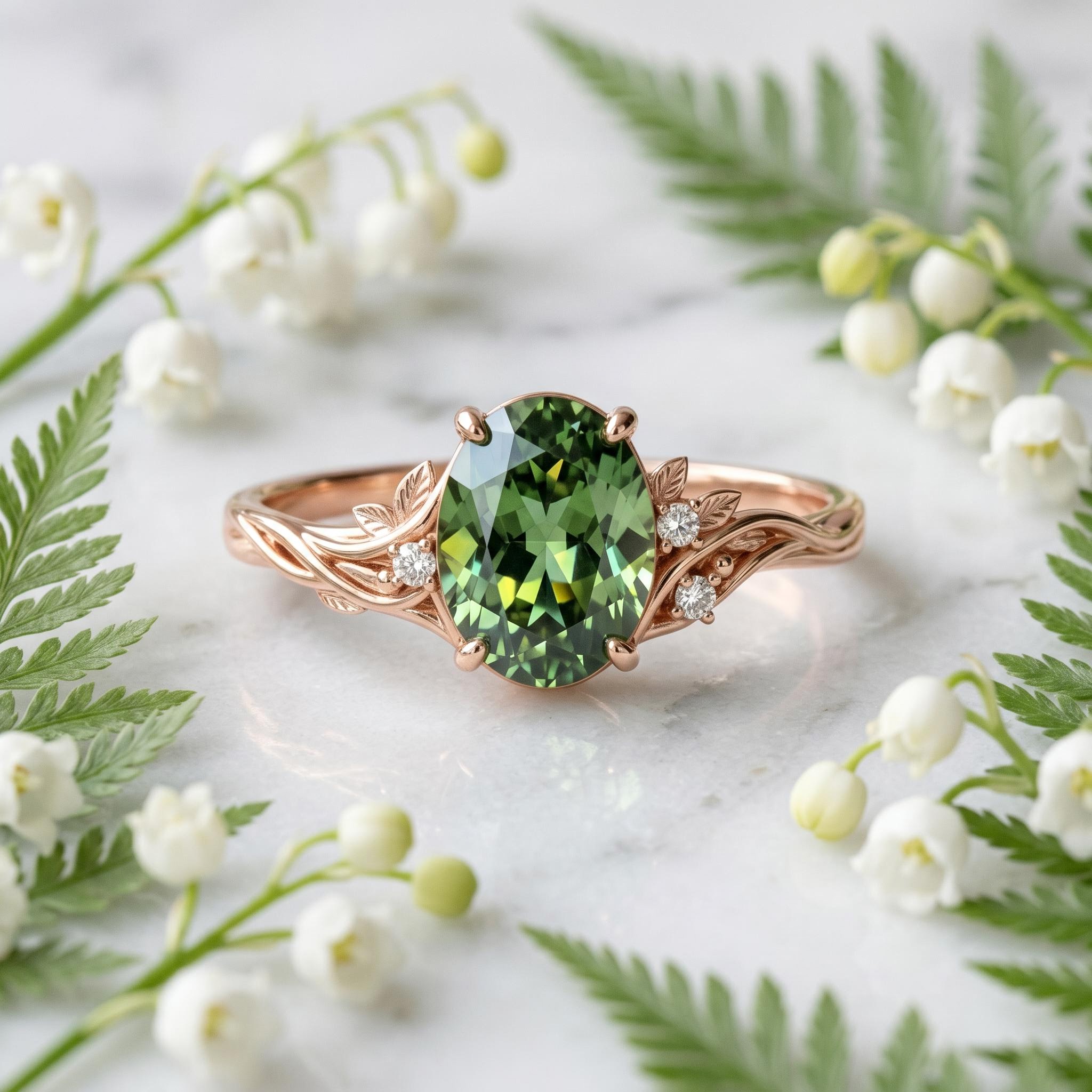 2.05ct. tw. Vine & Leaf Motif Green Oval Cut S925 Silver Engagement Ring 2.05ct. tw. Vine & Leaf Motif Green Oval Cut S925 Silver Engagement Ring