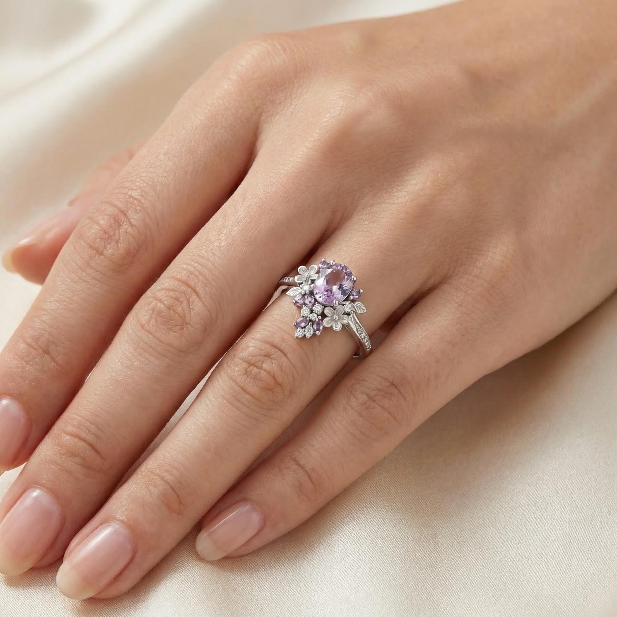 2.2Ct CTW Wisteria Blooming Design Light Purple Oval Cut S925 Silver Wedding & Daily Ring 2.2Ct CTW Wisteria Blooming Design Light Purple Oval Cut S925 Silver Wedding & Daily Ring