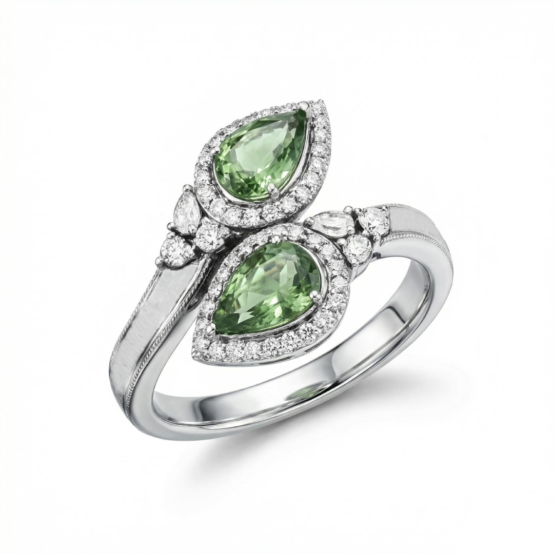 2.4Ct CTW Asymmetrical Green Pear Cut S925 Silver Engagement Ring 2.4Ct CTW Asymmetrical Green Pear Cut S925 Silver Engagement Ring