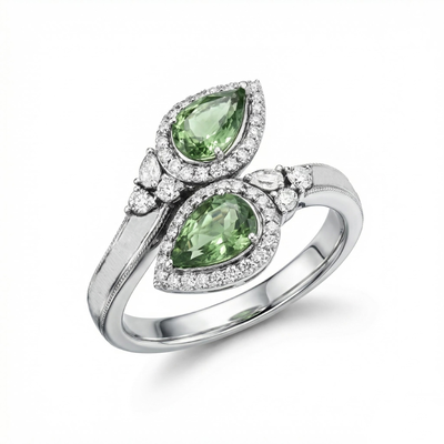 2.4Ct CTW Asymmetrical Green Pear Cut S925 Silver Engagement Ring