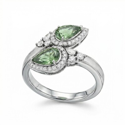 2.4Ct CTW Asymmetrical Green Pear Cut S925 Silver Engagement Ring