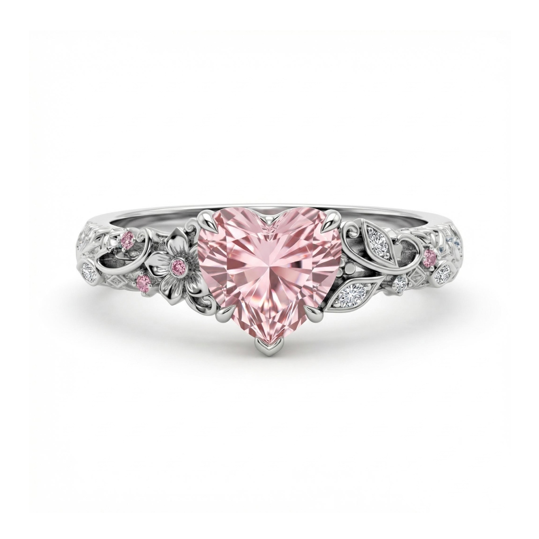 2.1Ct CTW Floral Pink Heart Cut S925 Silver Engagement Ring 2.1Ct CTW Floral Pink Heart Cut S925 Silver Engagement Ring
