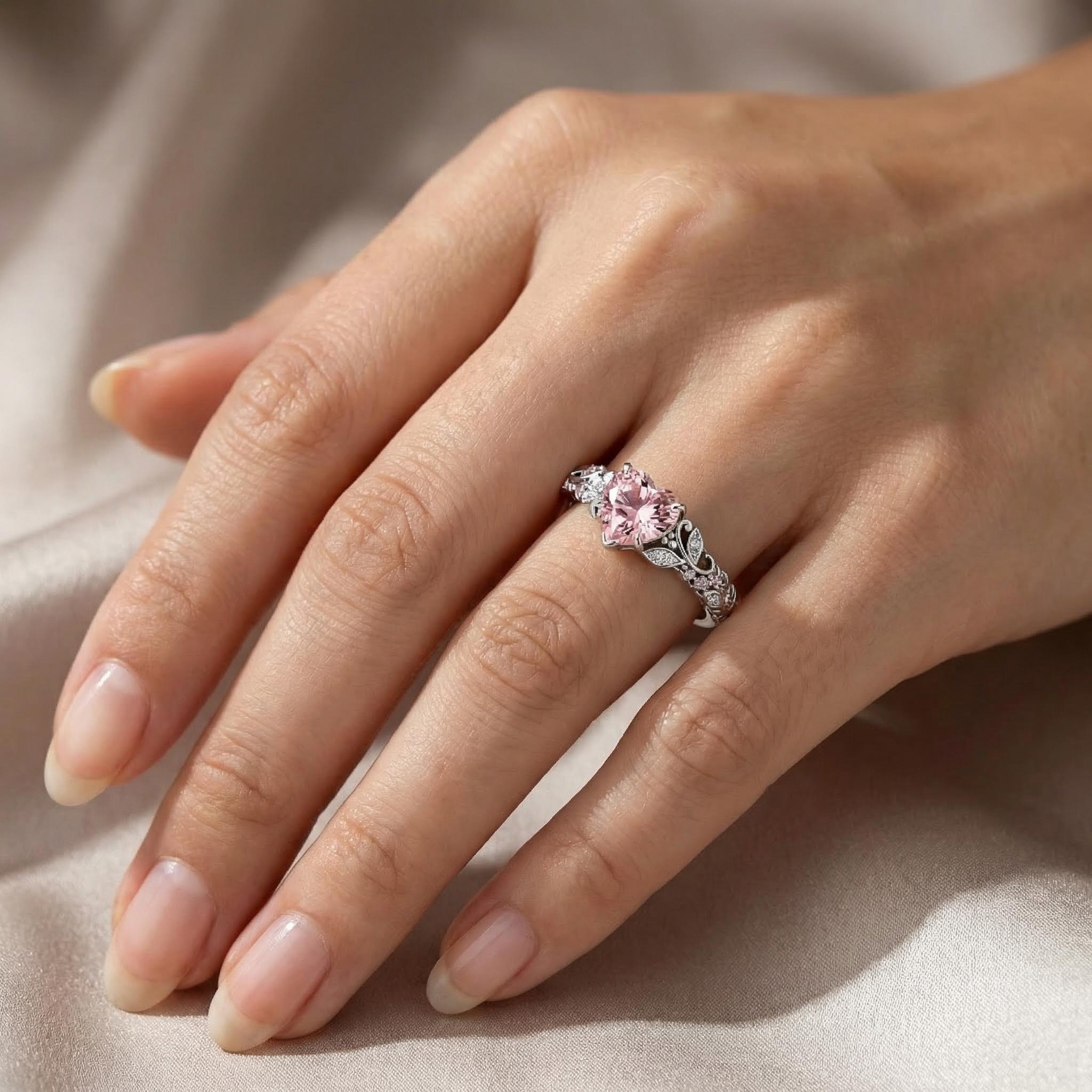 2.1Ct CTW Floral Pink Heart Cut S925 Silver Engagement Ring 2.1Ct CTW Floral Pink Heart Cut S925 Silver Engagement Ring