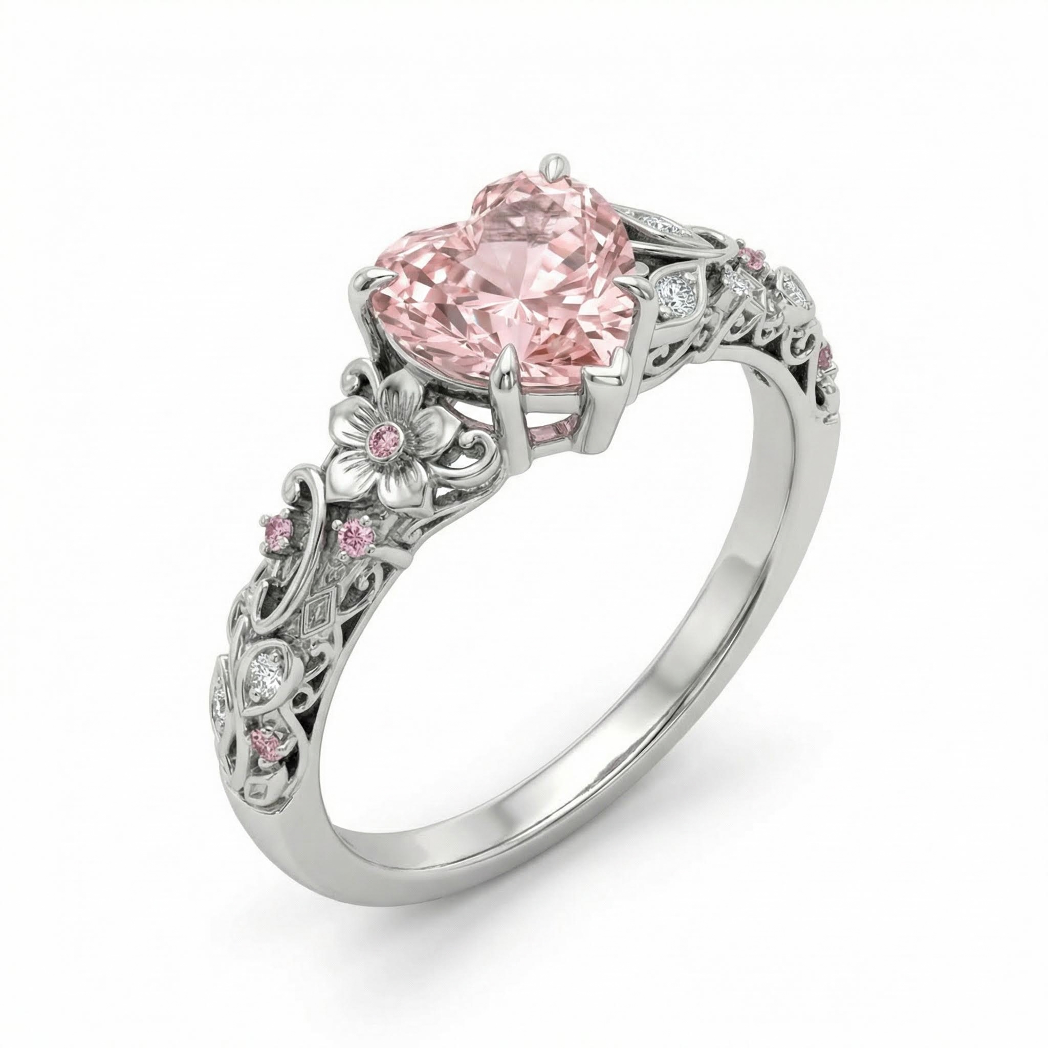 1.05ct. tw. Floral Pink Heart Cut S925 Silver Engagement Ring