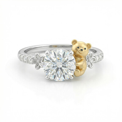 2.2Ct CTW Bear with White Round Cut VVS Moissanite S925 Silver Engagement Ring