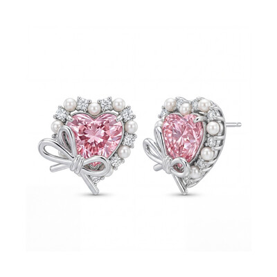 2.9Ct CTW Pink Heart Cut with Bowtie Pearl S925 Silver Earrings