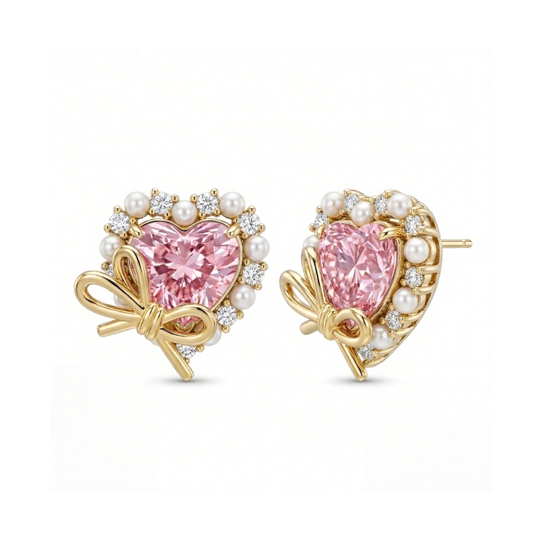 2.9Ct CTW Pink Heart Cut with Bowtie Pearl S925 Silver Earrings
