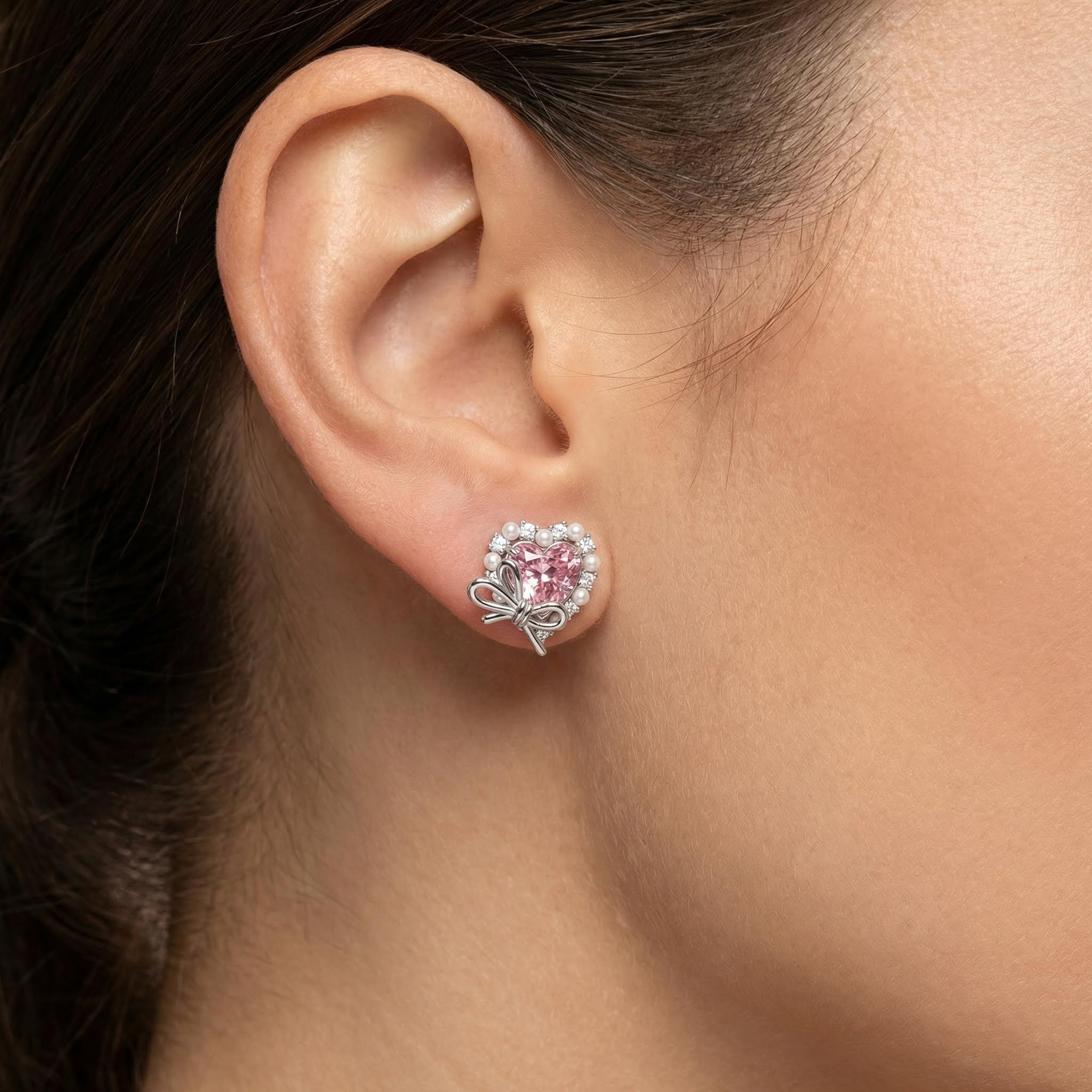 2.9Ct CTW Pink Heart Cut with Bowtie Pearl S925 Silver Earrings